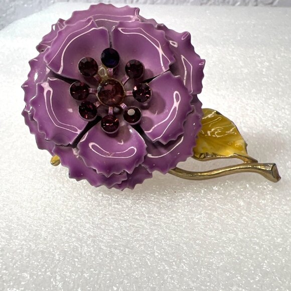 Purple Floral Brooch Ruffled Lavender Enamel Glass Rhinestones Gilded Gold-Tone - Picture 11 of 13